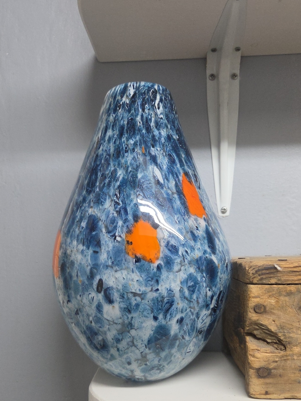 Vintage Handblown Speckled Blue Glass Vase with Orange Accents